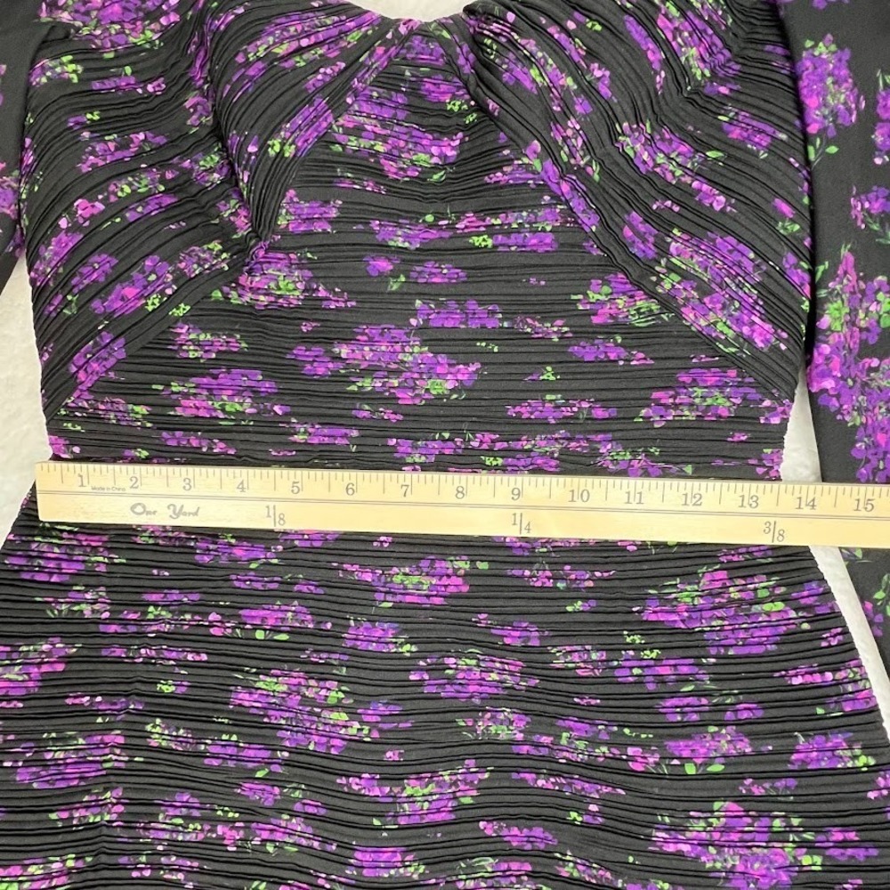 Floral Long Sleeve Mini Dress Sweetheart Neck Black Purple Romantic Size 4 AMUR - Picture 6 of 11